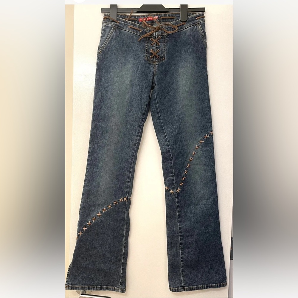 Vintage Y2K 2000s stretch criss cross lace up design low rise flare jeans READ